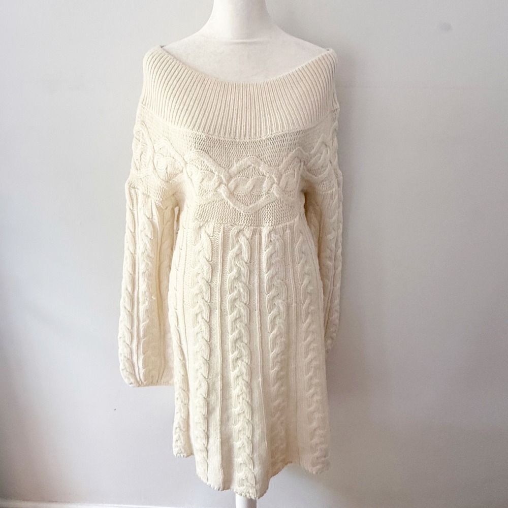 Moda Int Sweater Dress Women Large Cream Cable Knit Wool Blend Coquette Cozy Ski